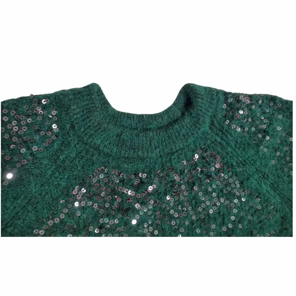 MARKS & SPENCER Green Sweater Size M Silver Sequins Crew Neck Raglan Sleeve Cozy
